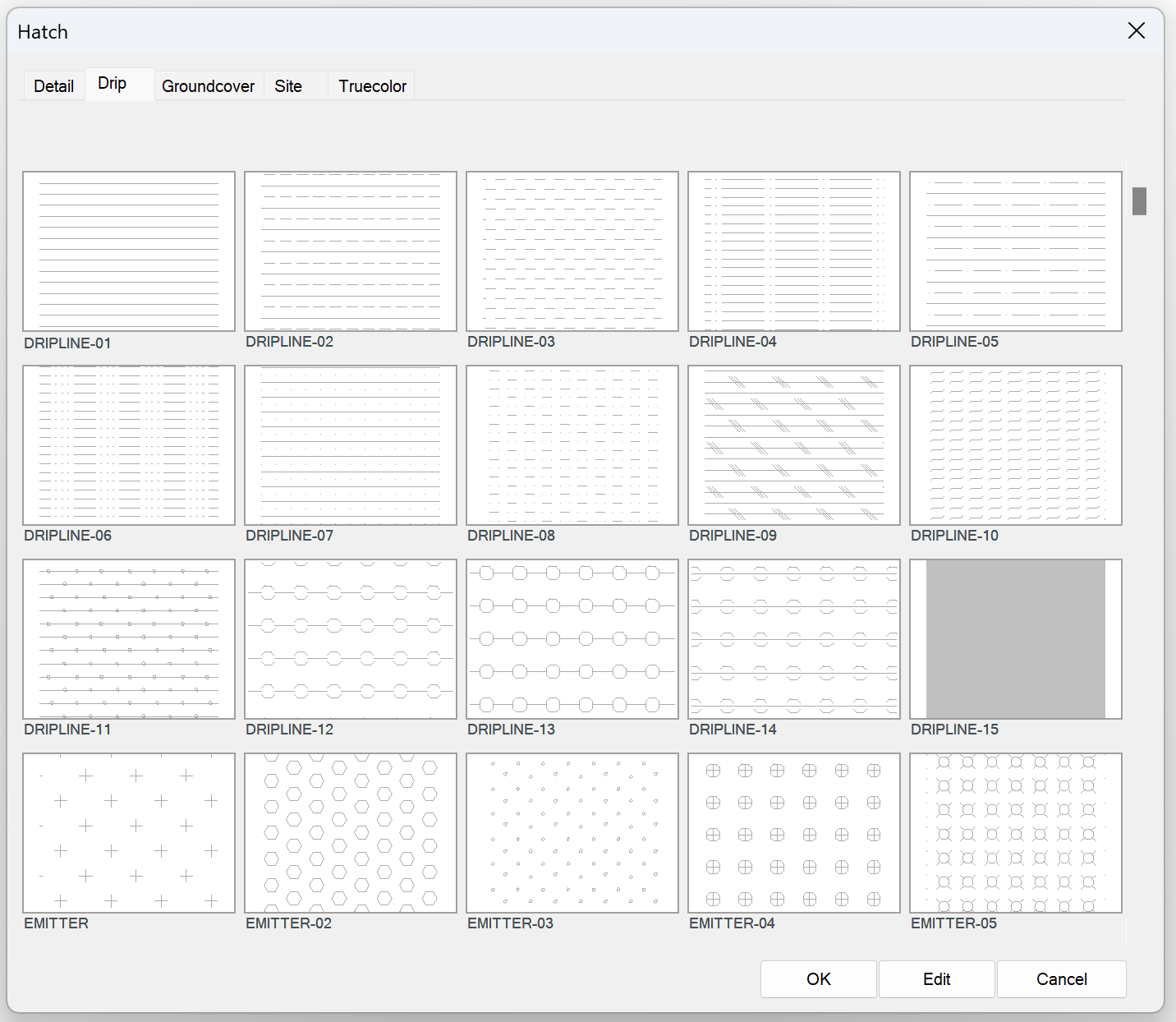 Old Hatch dialog box showing Drip hatch patterns